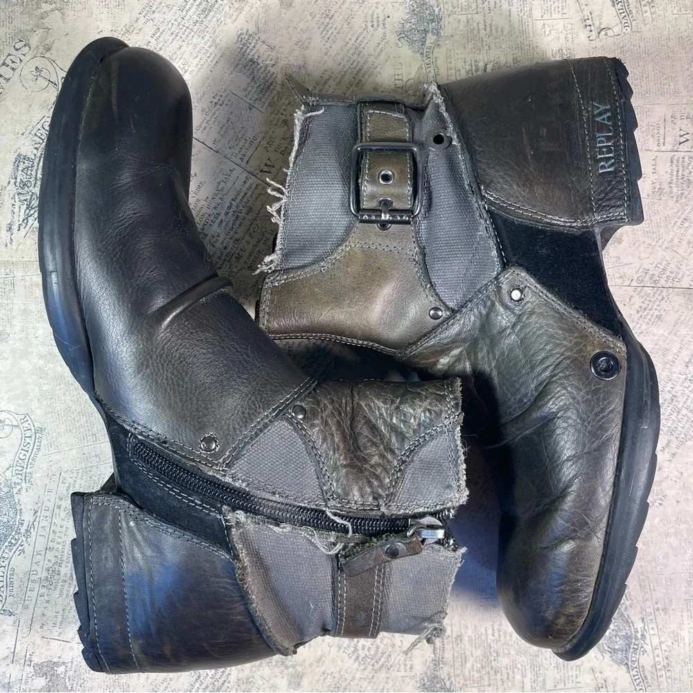 Replay Leather & Denim Deconstructed Biker Ankle Boots Zip Side Moto Boots